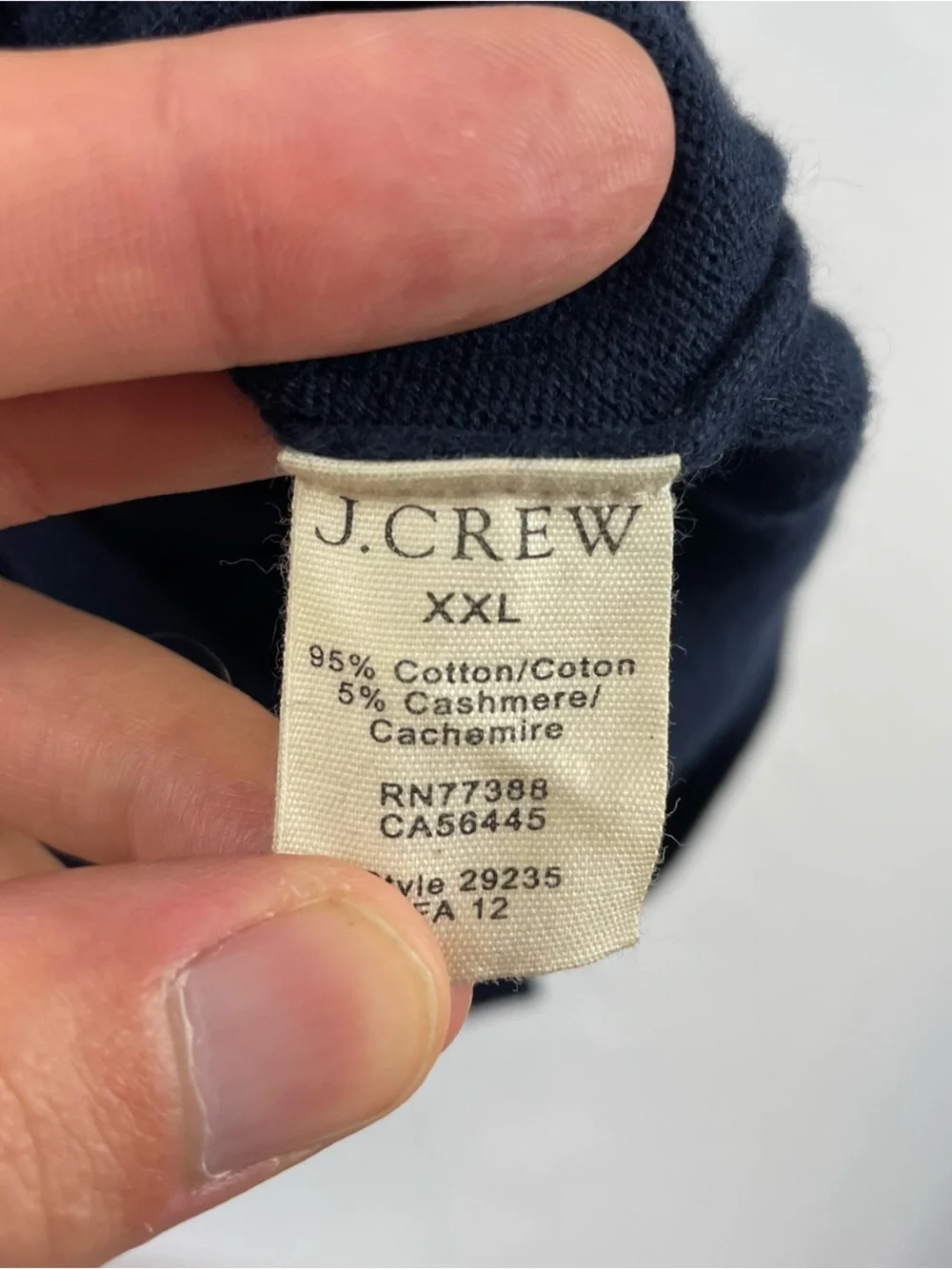 J.CREW Cotton Cashmere Blend Sweater Men’s XXL Navy Blue Knit V-Neck Pullover